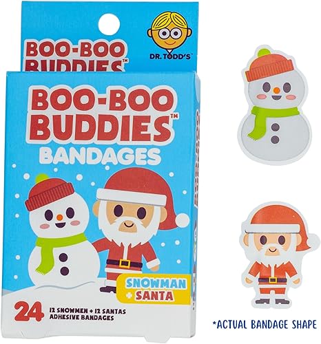 2-Pack Holiday-Themed Bandages for Kids – 24-Pack Santa & Snowman and 24-Pack Gingerbread Man & Rudolf | Waterproof, Latex-Free, Fun Shapes for Sensitive Skin