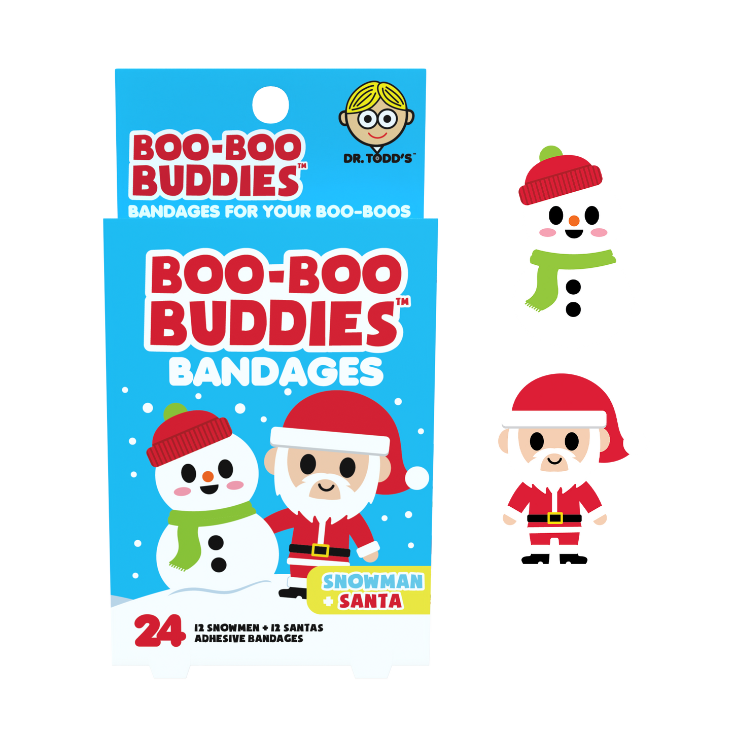 Snowman & Sanata Bandages for Kids – Waterproof, Latex-Free, 24 Count | Dr. Todd’s Boo-Boo Buddies®