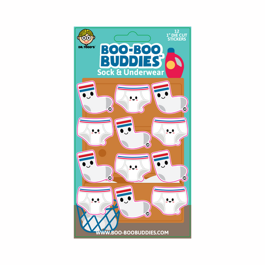 Funny 1-inch vinyl stickers featuring socks and underwear, great for kids' crafts, sticker books, laptops, and party favors.