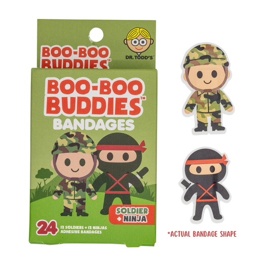 Dr. Todd’s Boo-Boo Buddies® Soldier and Ninja Bandages – 24-count action hero-themed bandages for kids
