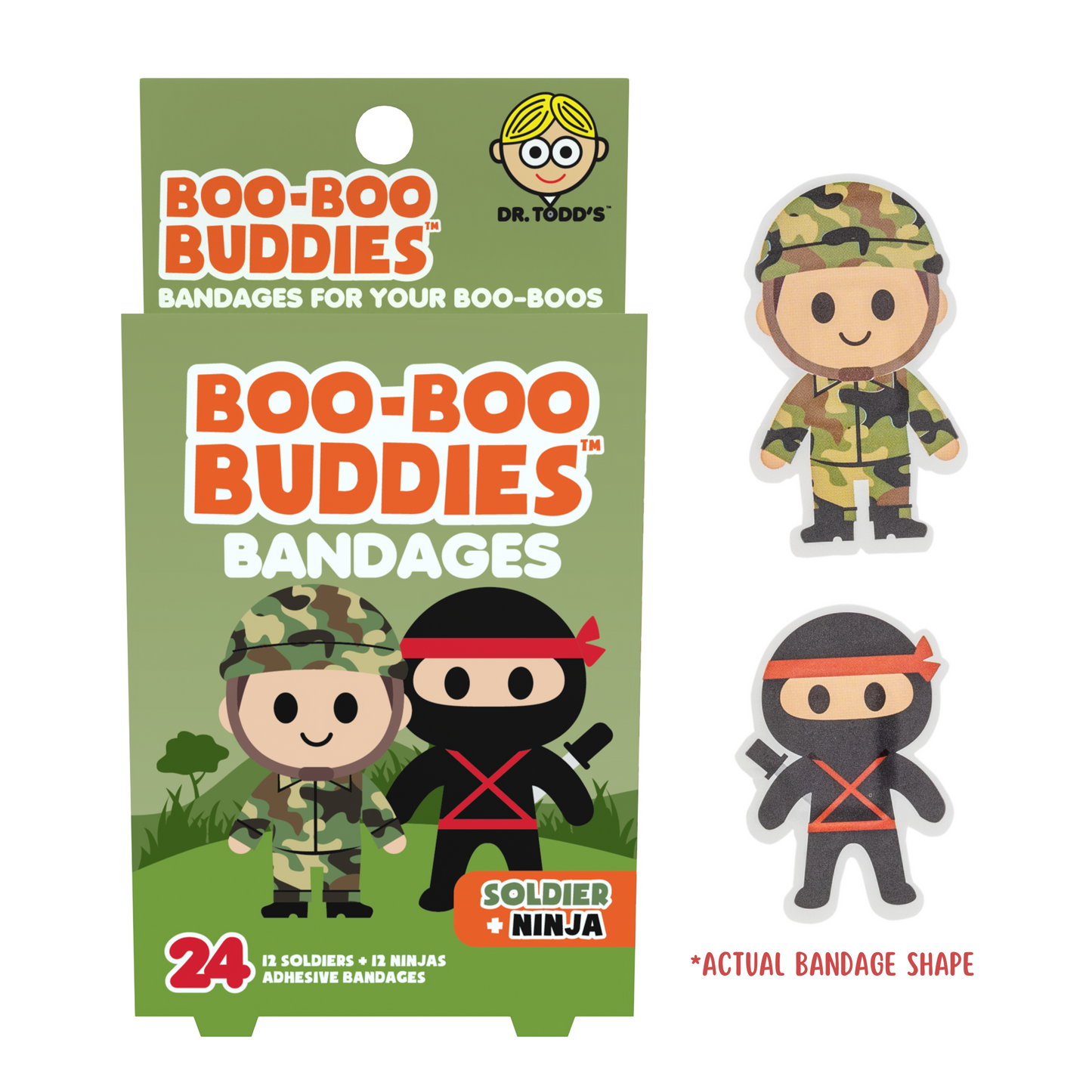 Dr. Todd’s Boo-Boo Buddies® Soldier and Ninja Bandages – 24-Count Action Hero Shaped Bandages for Kids