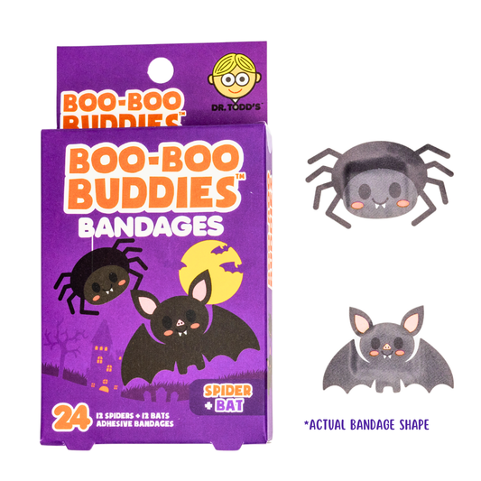 Spider & Bat Shape Kids Bandages – Boo Boo Buddies® 24 Count | Fun Halloween Bandage Box
