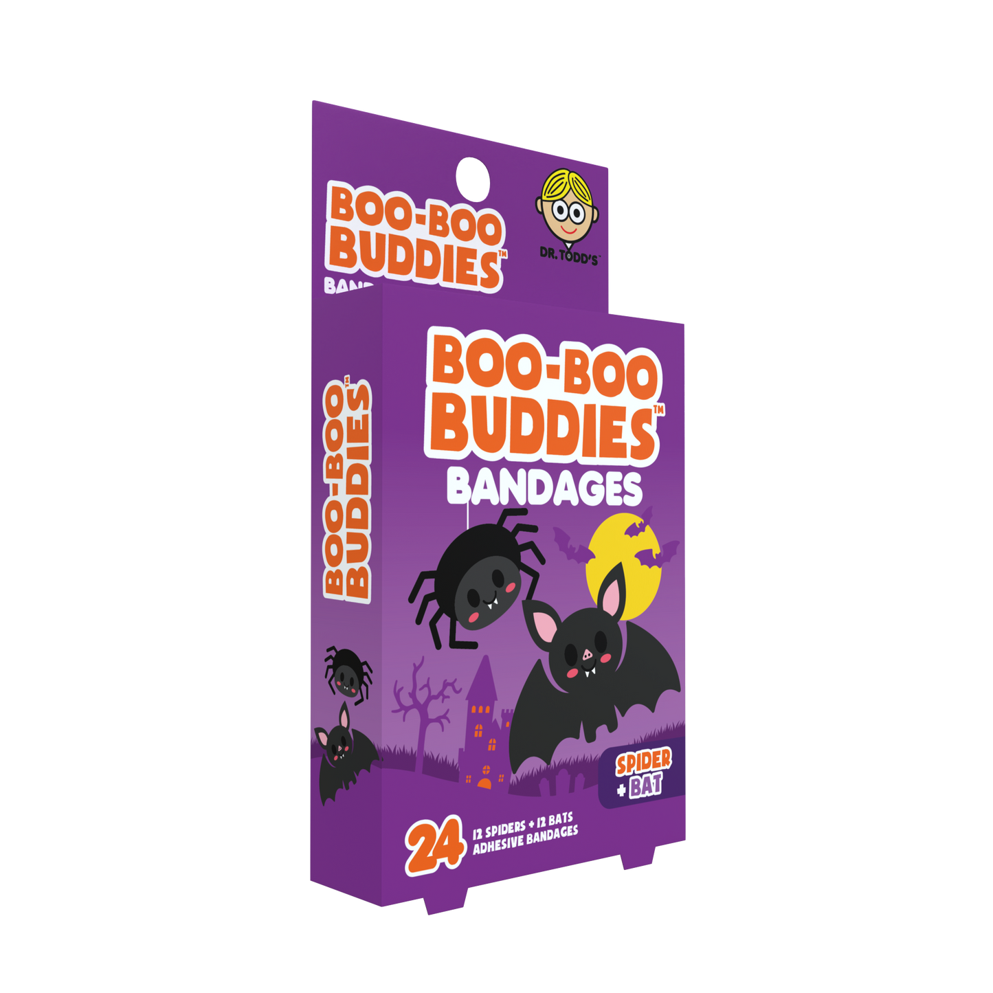Spider & Bat Shape Kids Bandages – Boo Boo Buddies® 24 Count | Fun Halloween Bandage Box