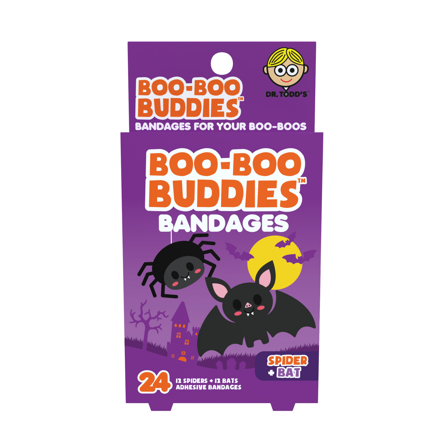 Spider & Bat Shape Kids Bandages – Boo Boo Buddies® 24 Count | Fun Halloween Bandage Box