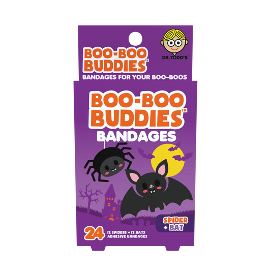 Spider & Bat Shape Kids Bandages – Boo Boo Buddies® 24 Count | Fun Halloween Bandage Box