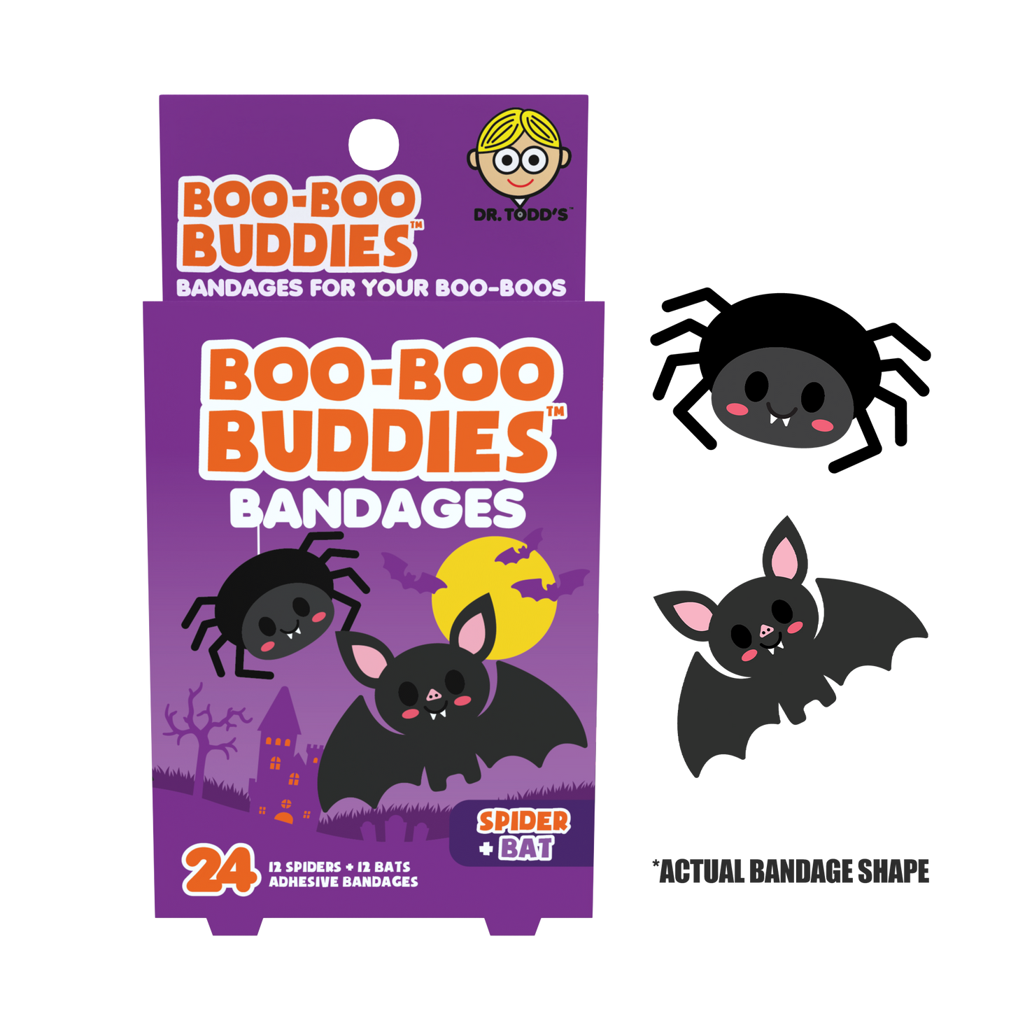 Spider & Bat Shape Kids Bandages – Boo Boo Buddies® 24 Count | Fun Halloween Bandage Box