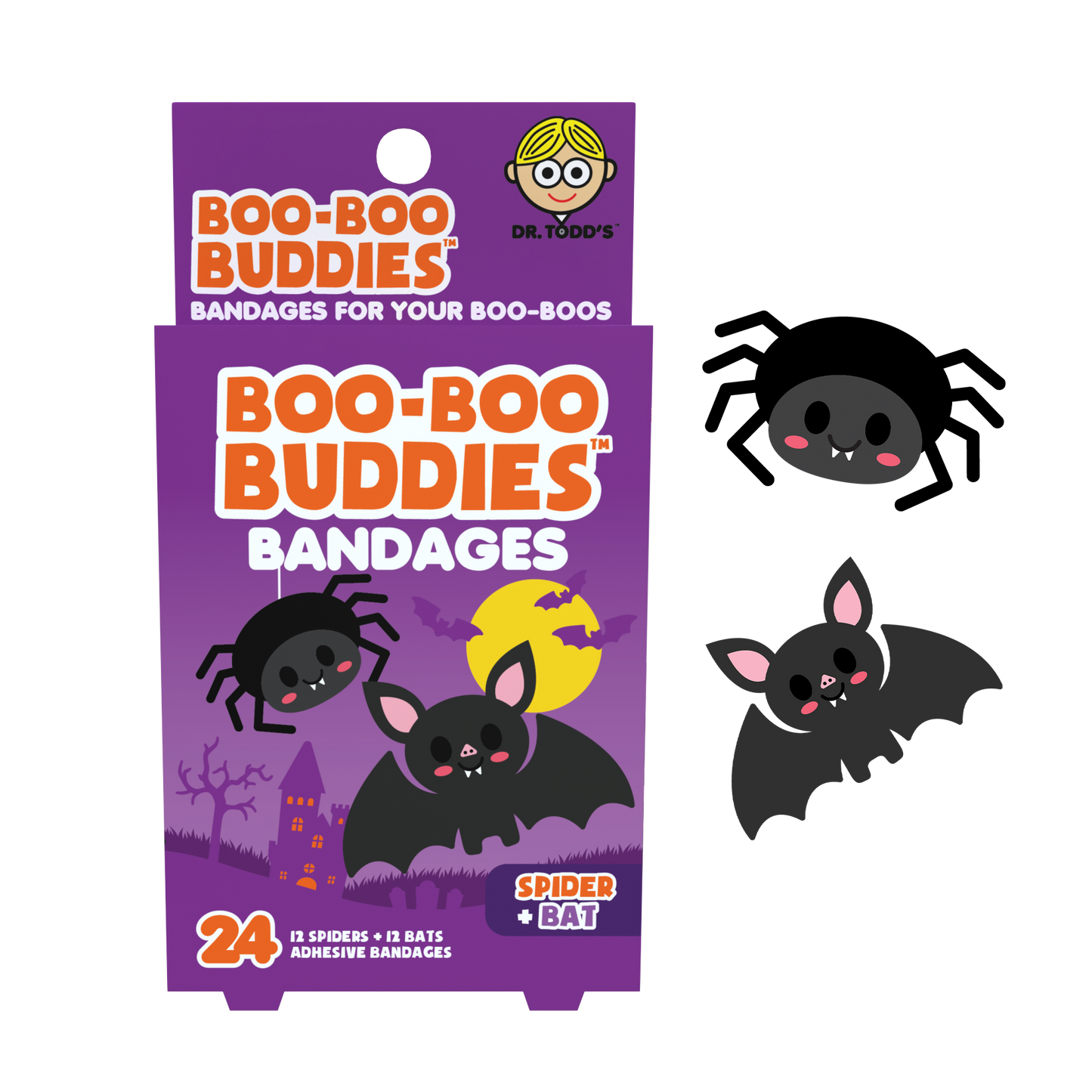 Spider & Bat Shape Kids Bandages – Boo Boo Buddies® 24 Count | Fun Halloween Bandage Box