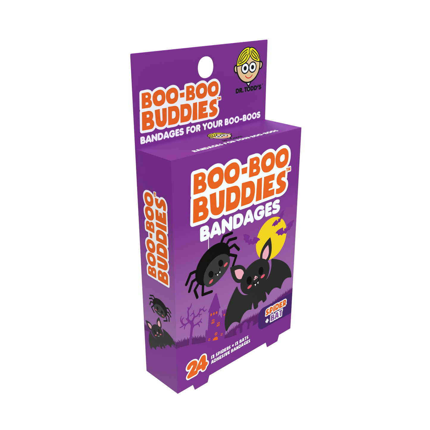 Spider & Bat Shape Kids Bandages – Boo Boo Buddies® 24 Count | Fun Halloween Bandage Box