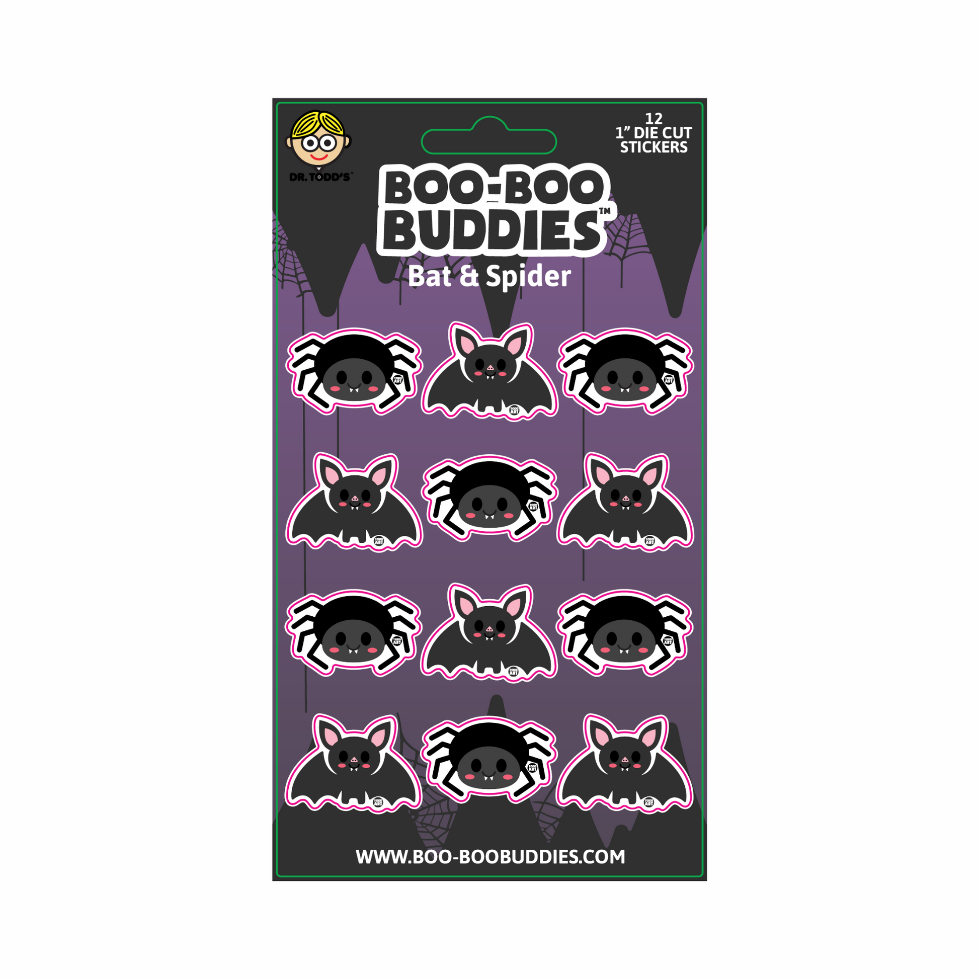 Spooky 1-inch vinyl stickers with cute spiders and bats—perfect for Halloween crafts, water bottles, notebooks, and trick-or-treat bags.