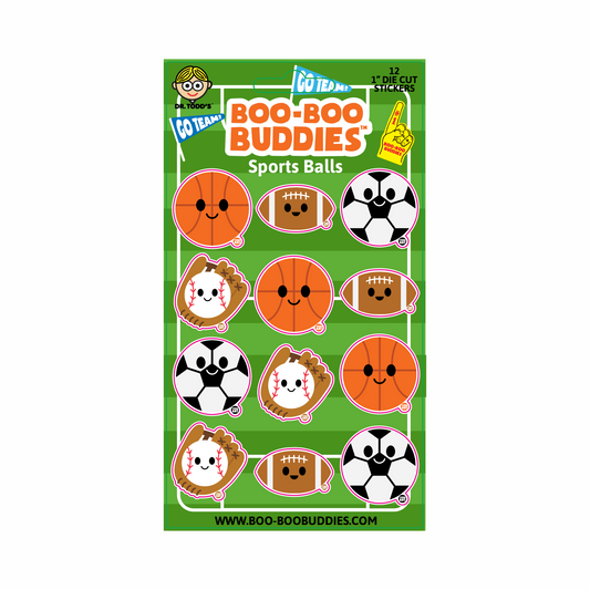 12 vinyl stickers with baseball glove, basketball, soccer ball, and football – perfect for kids, notebooks, and crafts.