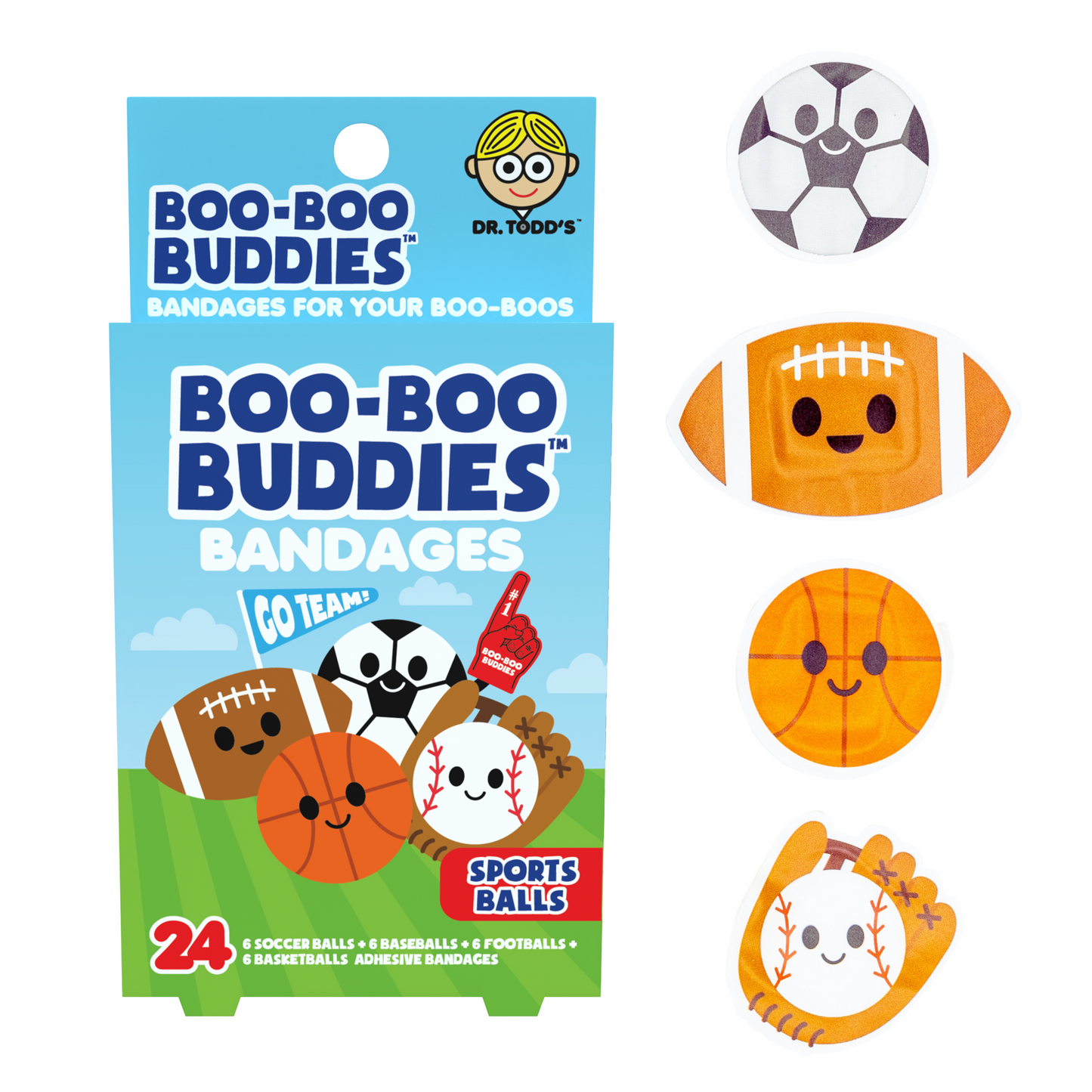 Sports Balls Bandages for Kids – Waterproof, Latex-Free, 24 Count | Dr. Todd’s Boo-Boo Buddies®