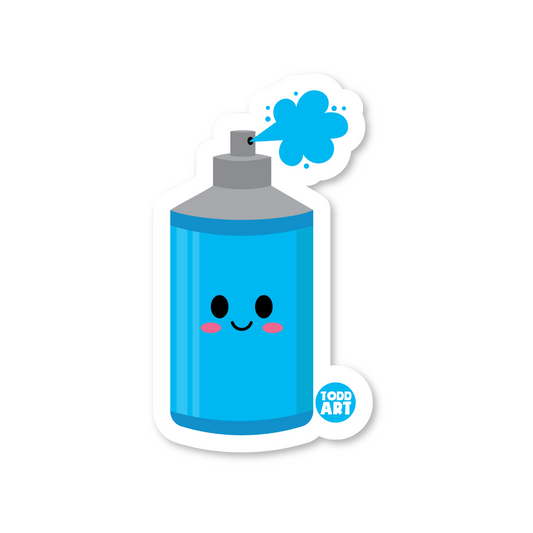 Cute kawaii spray paint can vinyl sticker — glossy 3″ die‑cut with smiling face, perfect for artists & planners