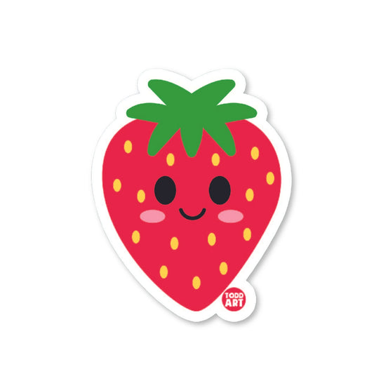 Cute kawaii strawberry vinyl sticker — glossy 3″ die‑cut with smiling seed-speckled red fruit for sweet collections