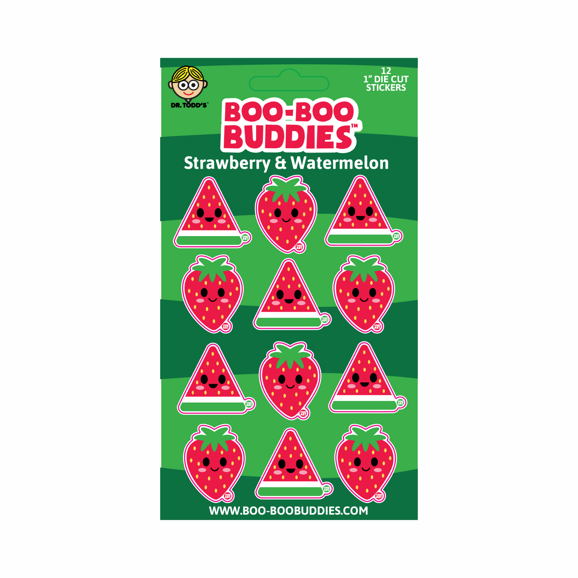 Cute 1-inch vinyl stickers with smiling strawberries and watermelons—perfect for decorating crafts, lunchboxes, and water bottles.


