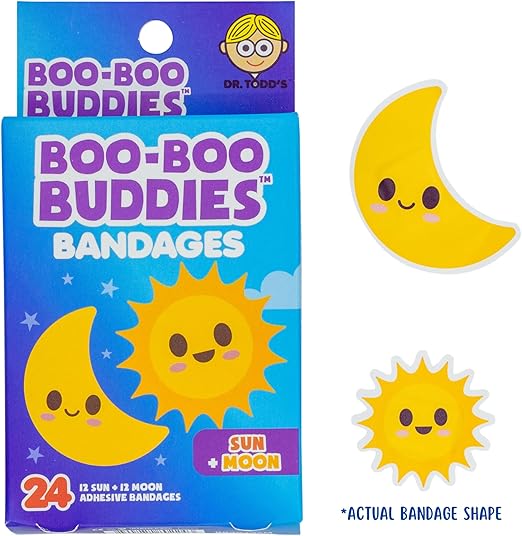 2-Pack Boo Boo Buddie Rainbow & Cloud + Sun & Moon Shape Bandages – 48 Ct | Fun Adhesive Bandages for Kids | Waterproof, Latex-Free, First Aid Supplies for Sensitive Skin, Colorful Bandages for Children