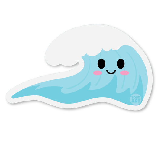 Cute kawaii surf wave vinyl sticker — glossy 3″ die‑cut with curling blue wave for fun beach collections