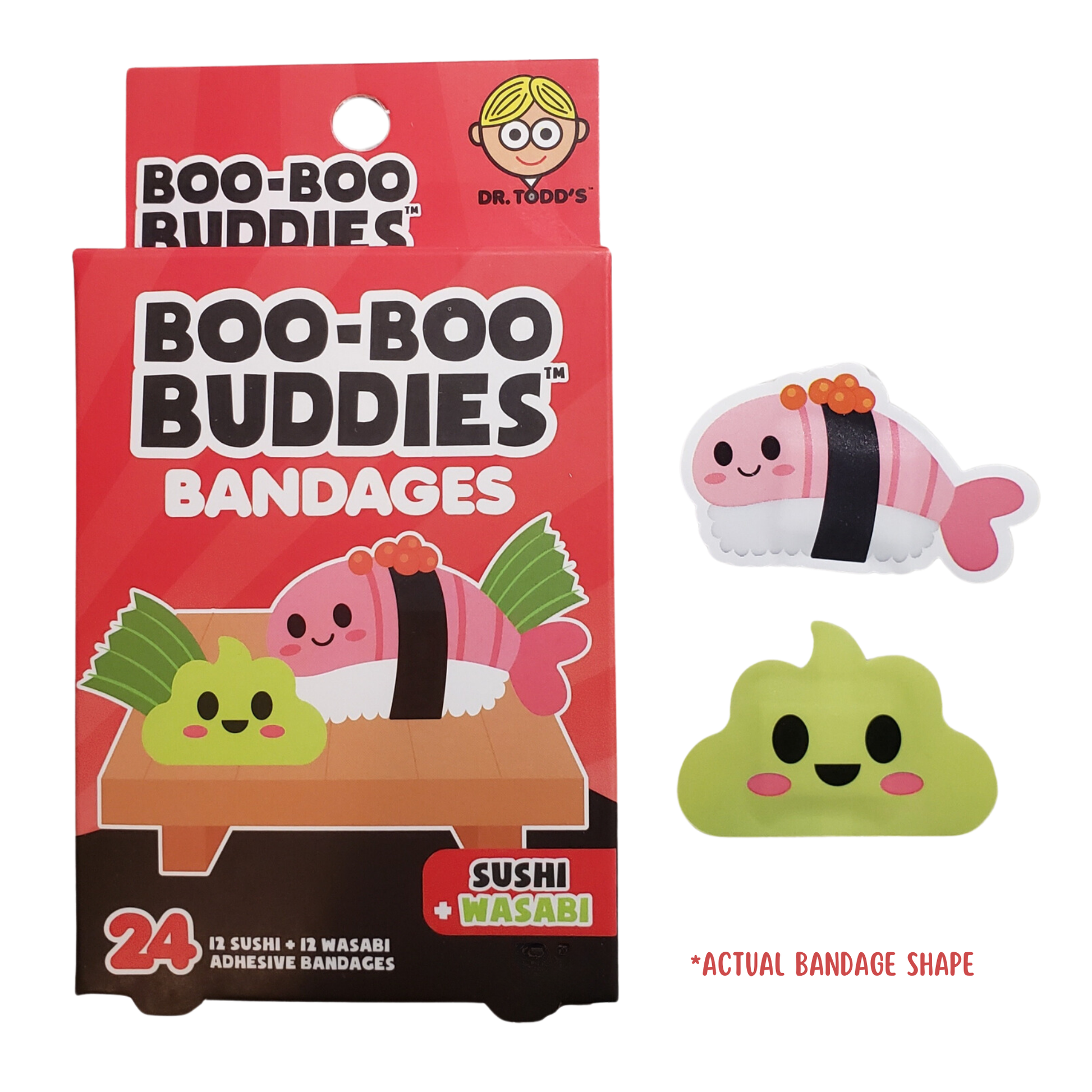 Sushi and wasabi bandages for kids – 24 waterproof, latex-free adhesive bandages by Dr. Todd’s Boo-Boo Buddies
