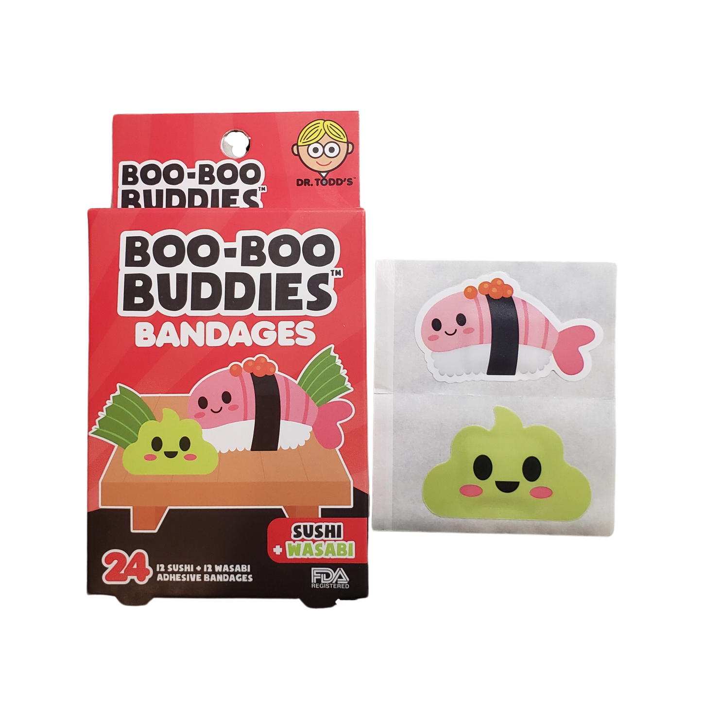 Sushi and wasabi bandages for kids – 24 waterproof, latex-free adhesive bandages by Dr. Todd’s Boo-Boo Buddies
