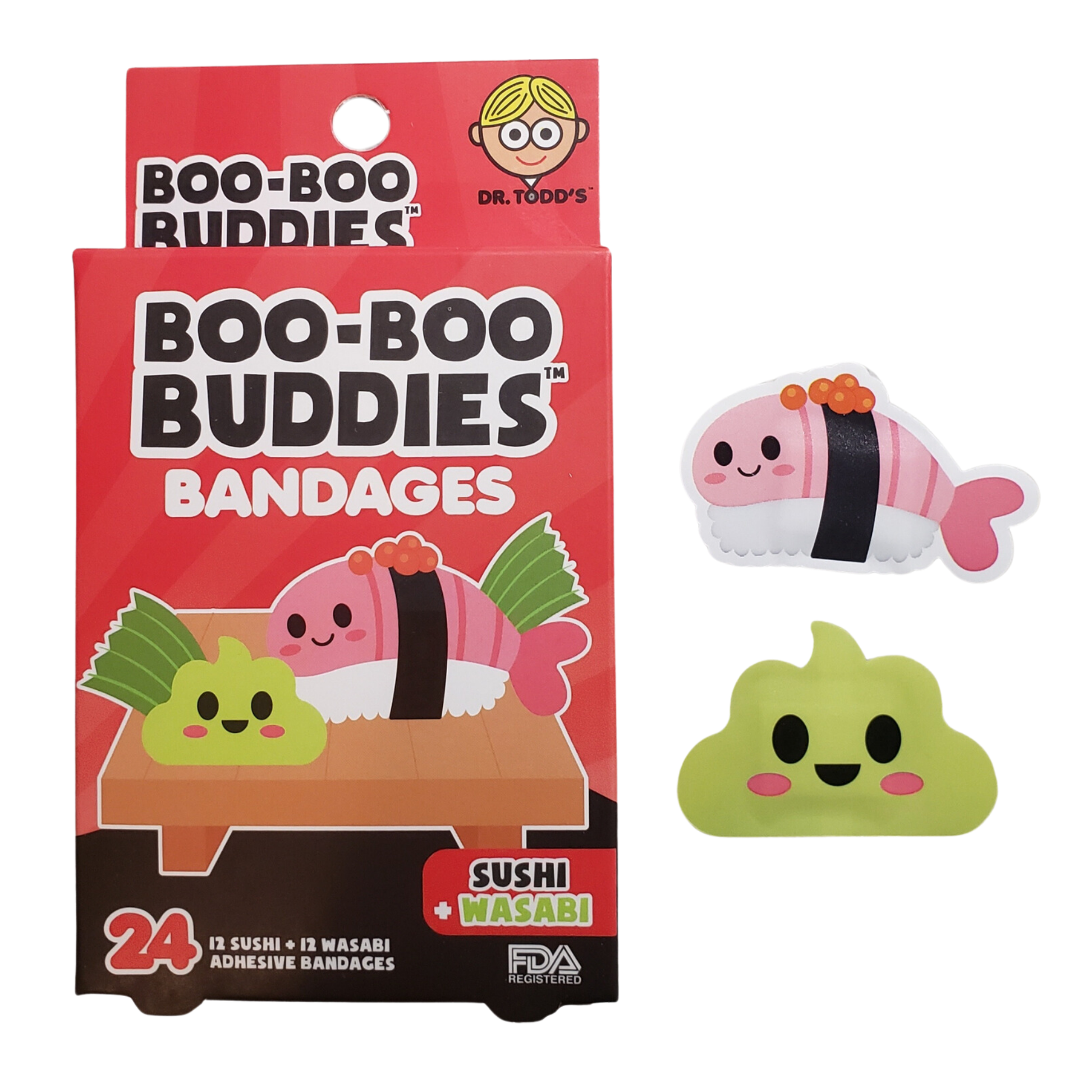 Sushi and wasabi bandages for kids – 24 waterproof, latex-free adhesive bandages by Dr. Todd’s Boo-Boo Buddies
