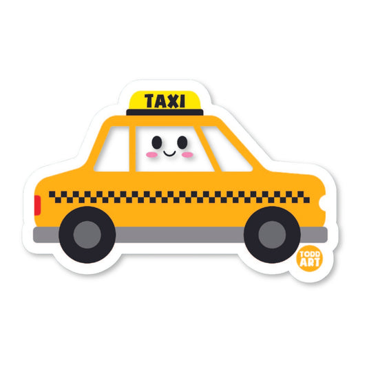 Cute kawaii taxi cab vinyl sticker — glossy 3″ die‑cut with smiling headlights for fun transportation collections