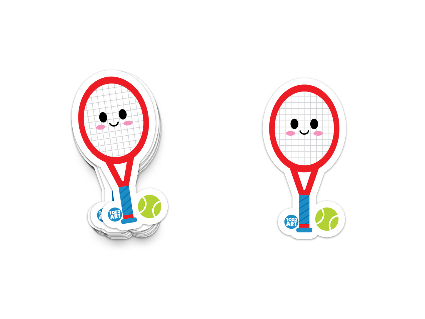 Boo Boo Buddies™ Tennis Racket & Ball Sticker – Cute Kawaii Vinyl, Waterproof Glossy 3″ Die‑Cut