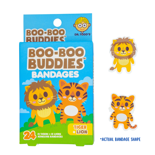Dr. Todd’s Boo-Boo Buddies® Tiger and Lion Bandages – 24-Count Jungle Animal Shaped Bandages for Kids