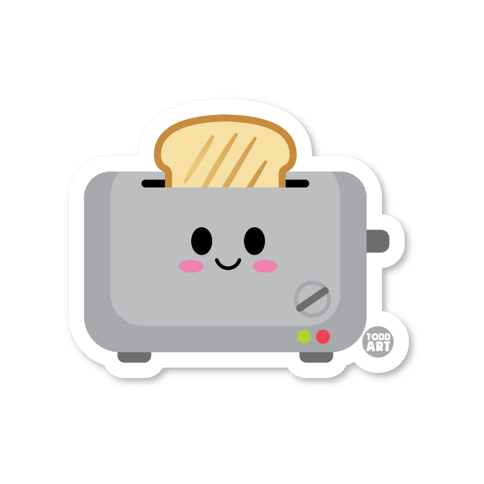 Cute kawaii-style toaster with smiling face and popping toast – vinyl sticker for kids' bottles, laptops, and notebooks