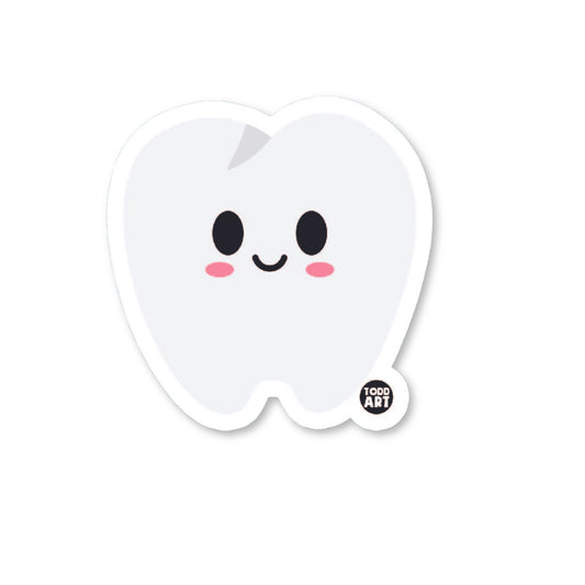 Playful kawaii tooth vinyl sticker by Boo Boo Buddies – waterproof, glossy, and easy to apply to smooth surfaces