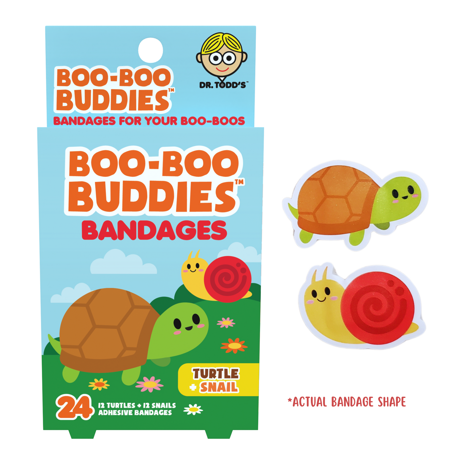 Turtle & Snail Bandages for Kids – Waterproof, Latex-Free, 24 Count | Dr. Todd’s Boo-Boo Buddies®