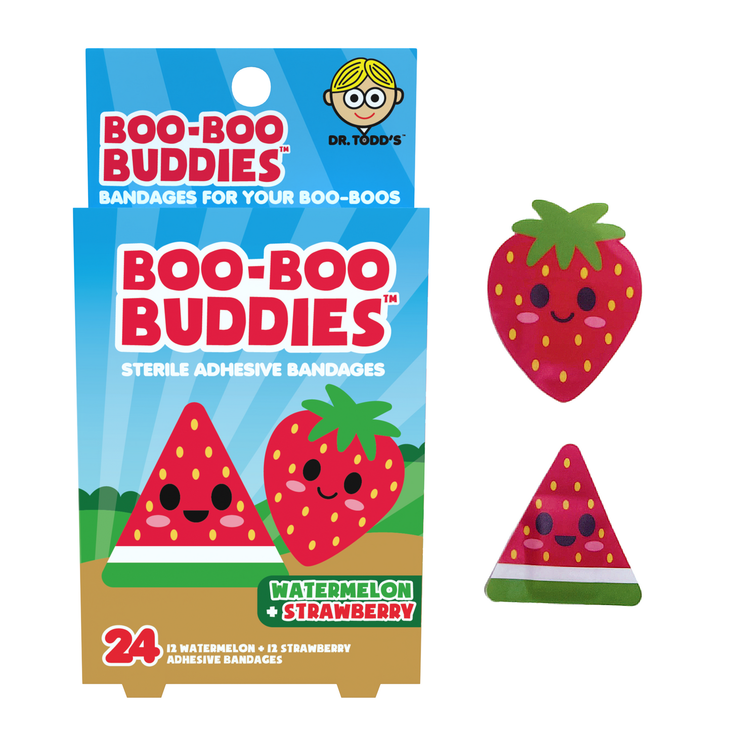 Watermelon & Strawberry Bandages for Kids – Waterproof, Latex-Free, 24 Count | Dr. Todd’s Boo-Boo Buddies®