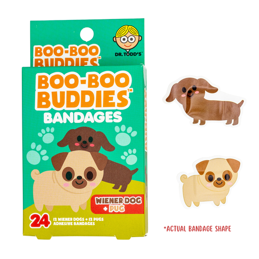 Dr. Todd’s Boo-Boo Buddies® Wiener Dog and Pug Bandages – 24-count dog-shaped bandages with cute dachshund and pug designs for kids

