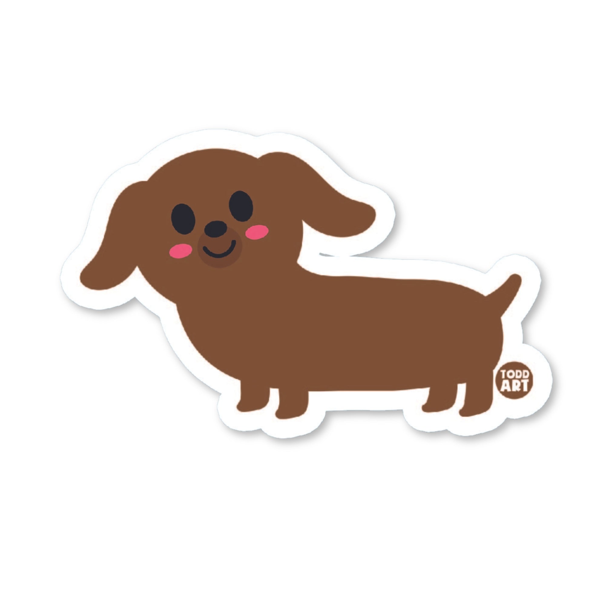 Cute kawaii wiener dog vinyl sticker — glossy 3″ die‑cut with smiling face, perfect for dog-lovers