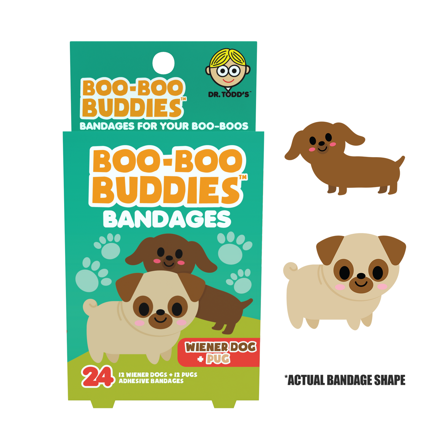 Wiener Dog & Pug Bandages for Kids – Waterproof, Latex-Free, 24 Count