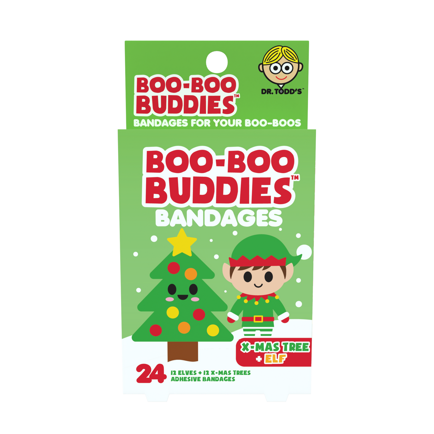 Dr. Todd’s Boo-Boo Buddies® X-Mas Tree and Elf Bandages – 24-Count Holiday Shaped Bandages for Kids