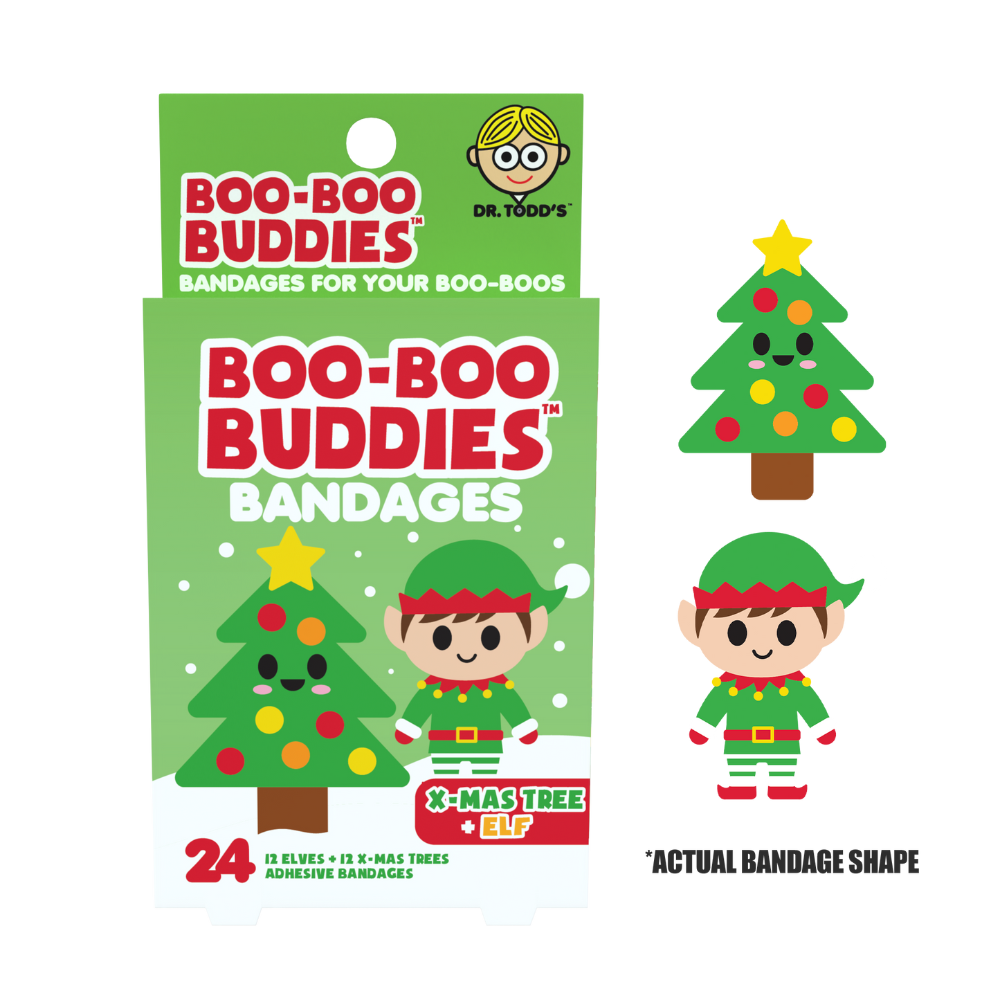 Dr. Todd’s Boo-Boo Buddies® X-Mas Tree and Elf Bandages – 24-Count Holiday Shaped Bandages for Kids