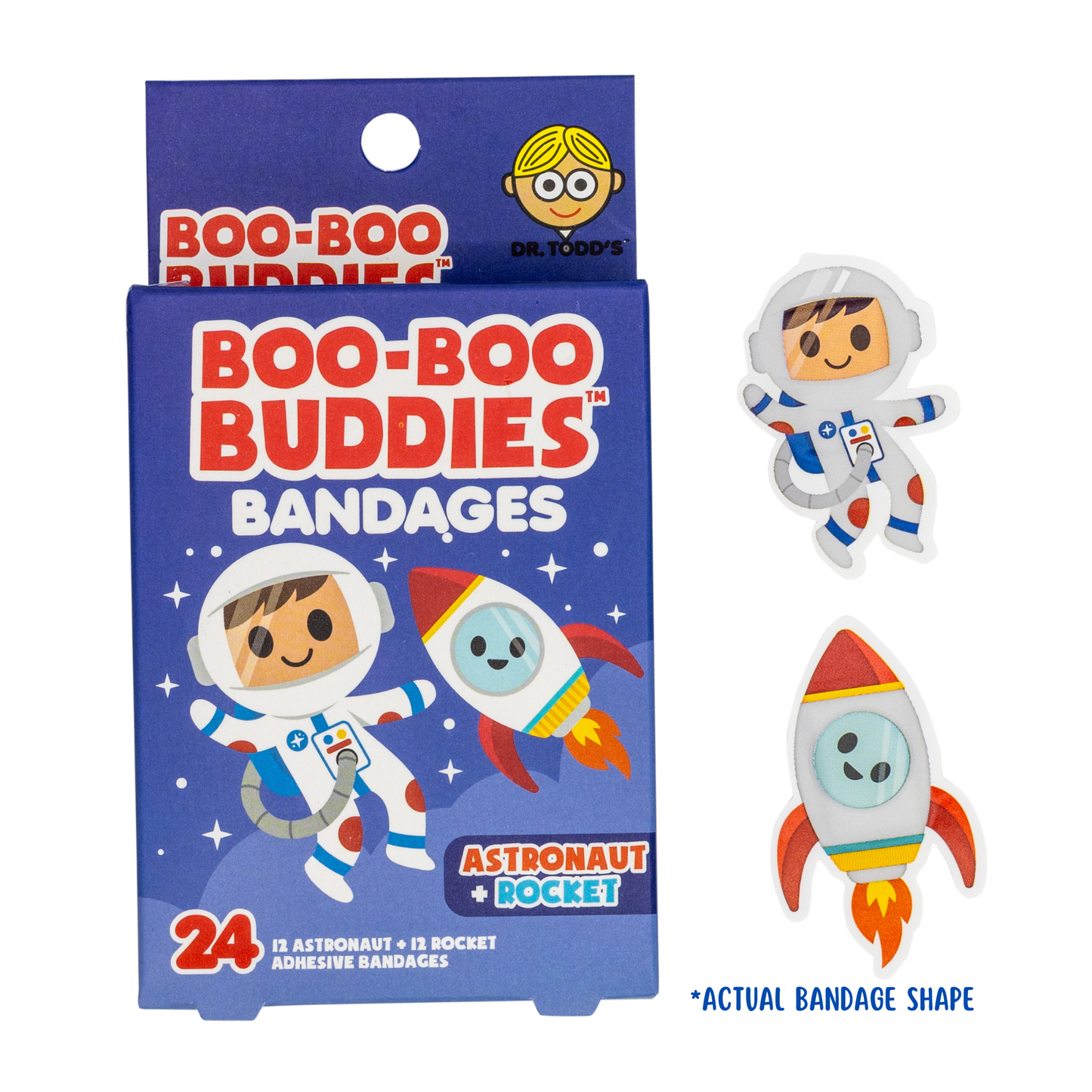 Astronaut and rocket-shaped kids bandages by Dr. Todd’s Boo-Boo Buddies – waterproof, latex-free, 24 count
