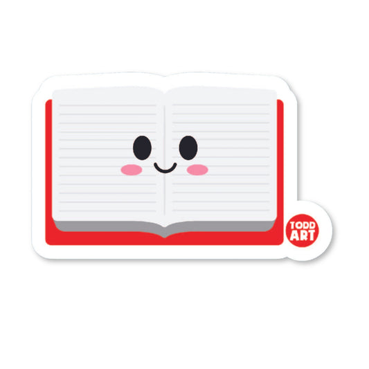 Happy open book with red border – back-to-school reading sticker from Boo Boo Buddies

