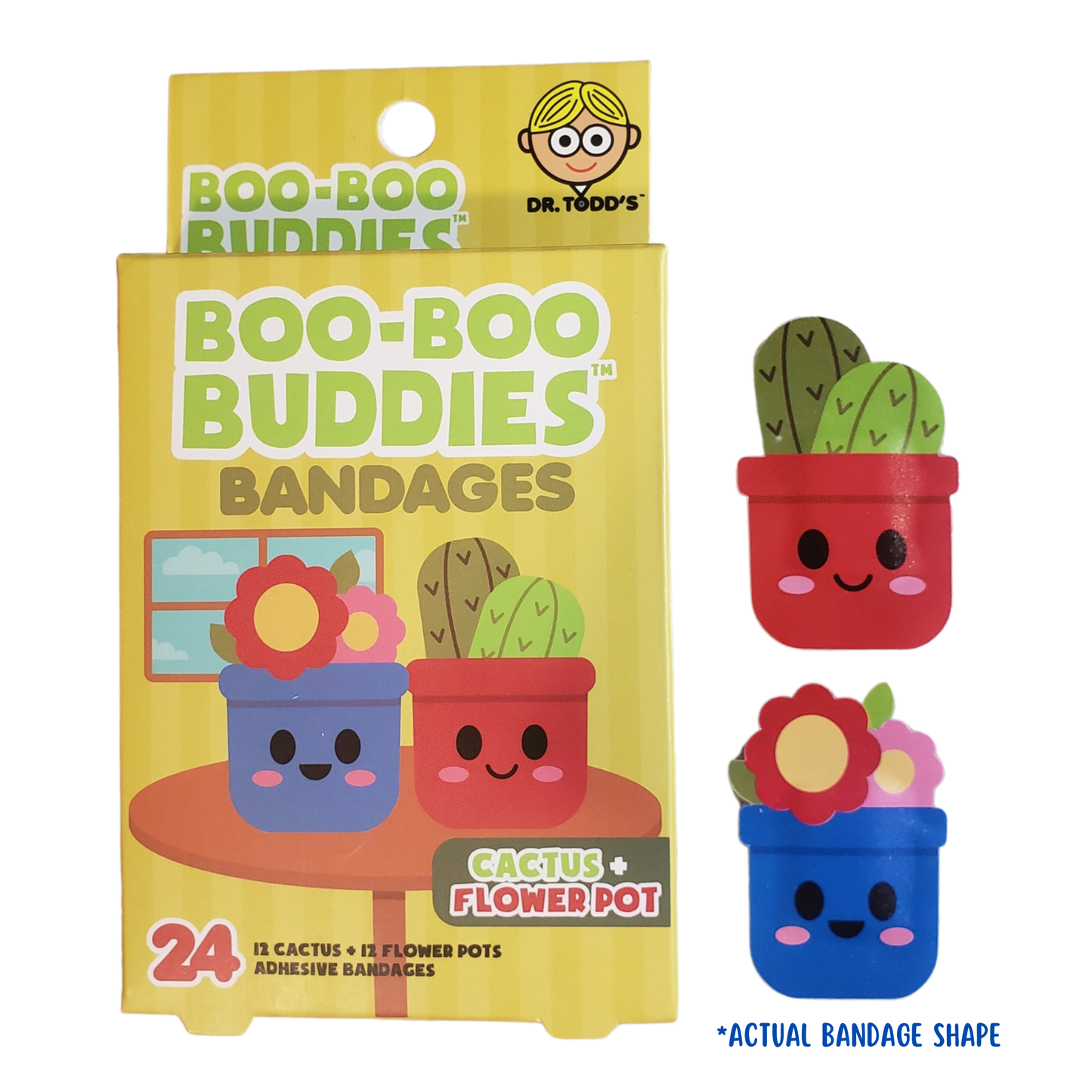Cactus and flower pot bandages for kids – 24 waterproof, latex-free adhesive bandages by Dr. Todd’s Boo-Boo Buddies
