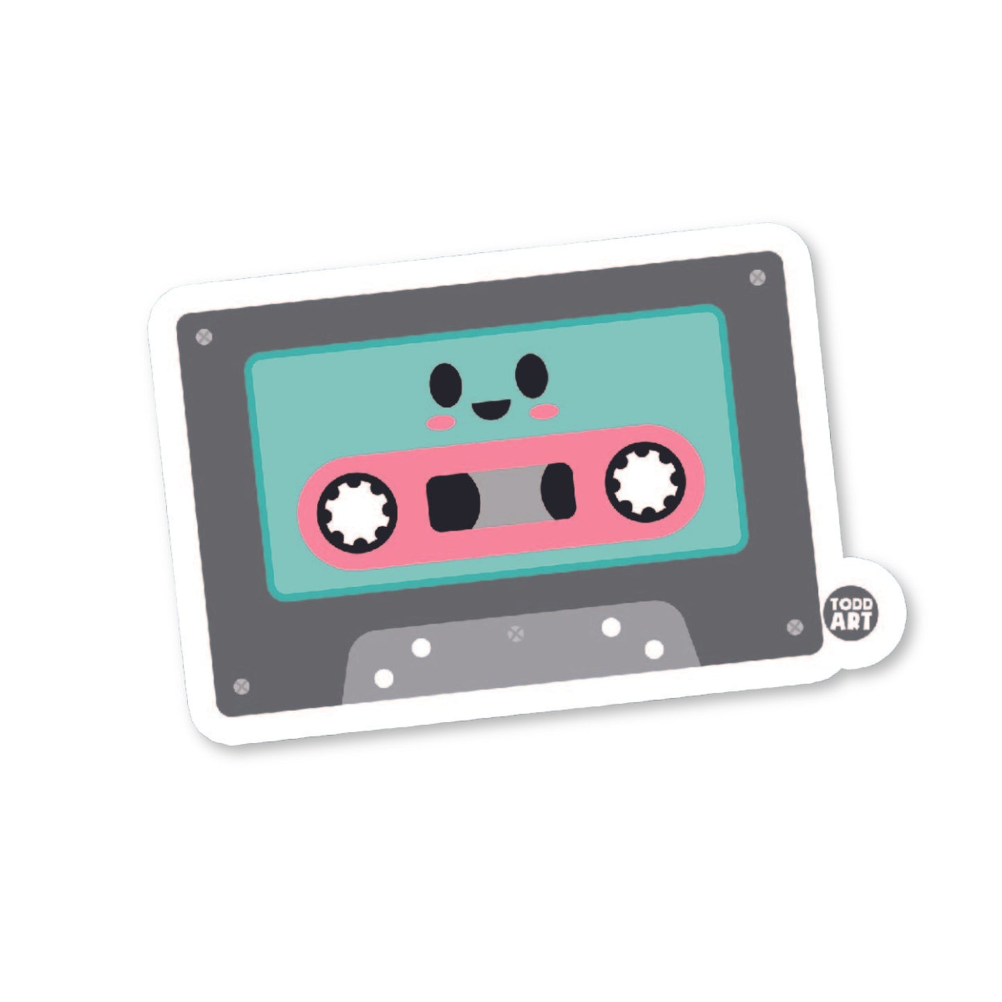 A die-cut vinyl sticker of a cassette tape with a cute character face on it, predominantly teal and pink colors, with a glossy finish.