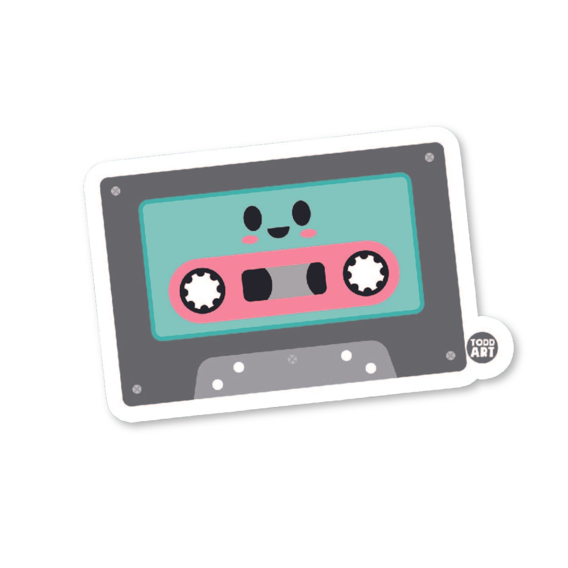 A die-cut vinyl sticker of a cassette tape with a cute character face on it, predominantly teal and pink colors, with a glossy finish.
