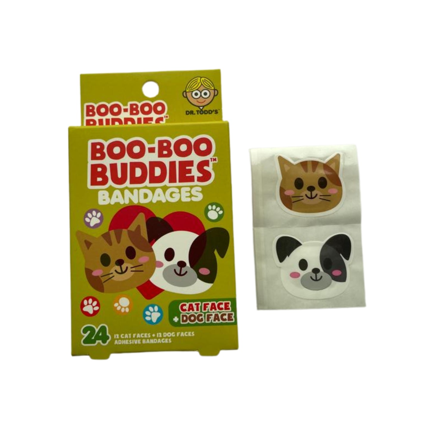 Cat and dog face bandages for kids – 24 waterproof, latex-free character bandages by Dr. Todd’s Boo-Boo Buddies
