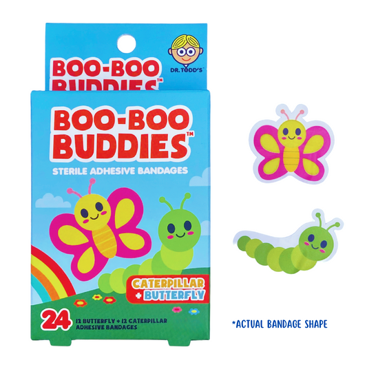 Caterpillar and butterfly character bandages for kids – 24 count pack by Dr. Todd’s Boo-Boo Buddies®
