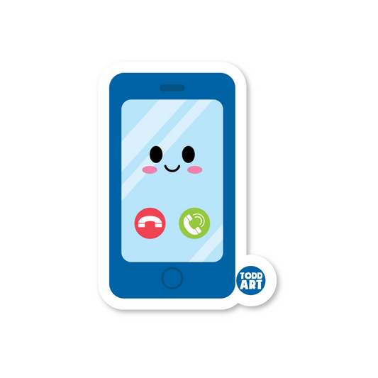 Smiling smartphone with call icons on screen – fun tech-themed sticker for gadget lovers, planners, or kid’s activities
