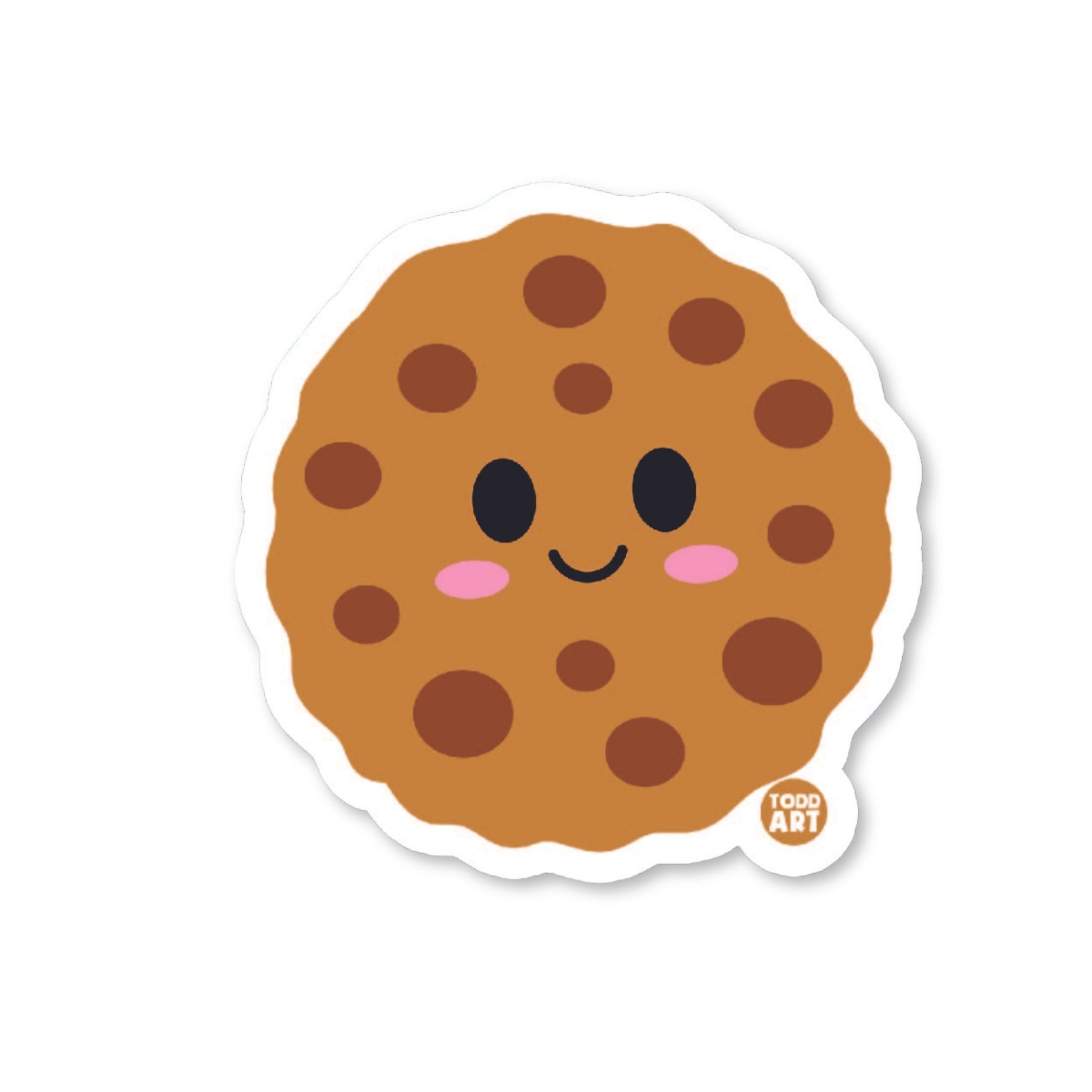 Smiling chocolate chip cookie sticker with big eyes and rosy cheeks