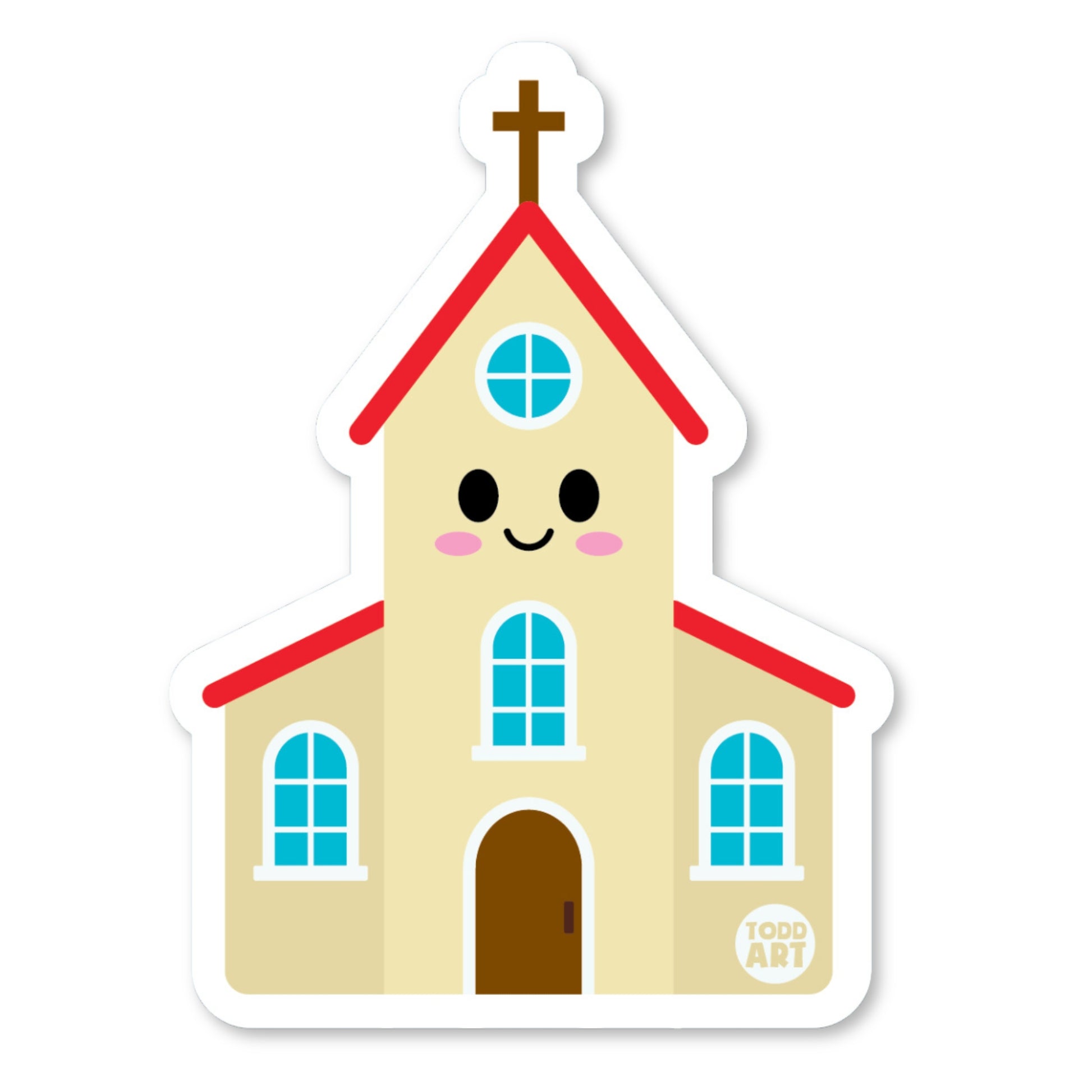 Cartoon church building with red roof and smiling face – faith-themed sticker from Boo Boo Buddies

