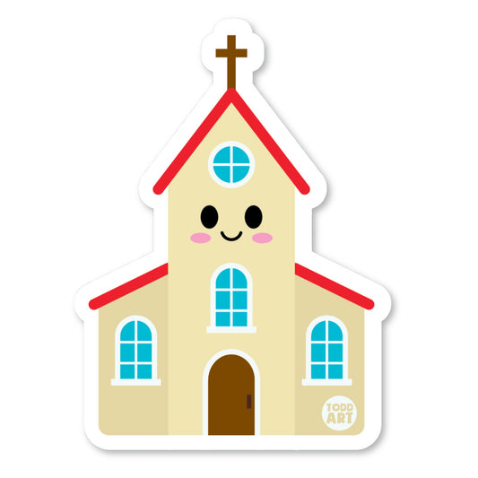 Cartoon church building with red roof and smiling face – faith-themed sticker from Boo Boo Buddies
