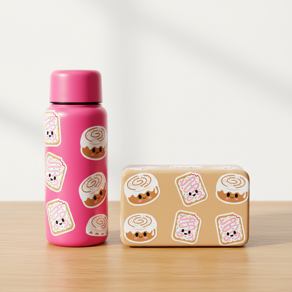Cinnamon Roll & Frosted Tart Stickers on Water Bottle and Lunch Box
