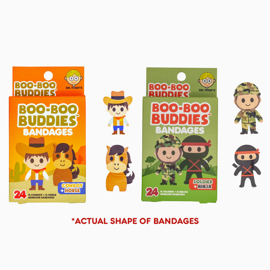 Two-pack of bandage boxes featuring vibrant designs: one box with Horse & Cowboy-themed bandages and another with Soldier & Ninja-shaped bandages. Each box contains 24 latex-free, waterproof bandages perfect for kids, sensitive skin, and first aid kits.
