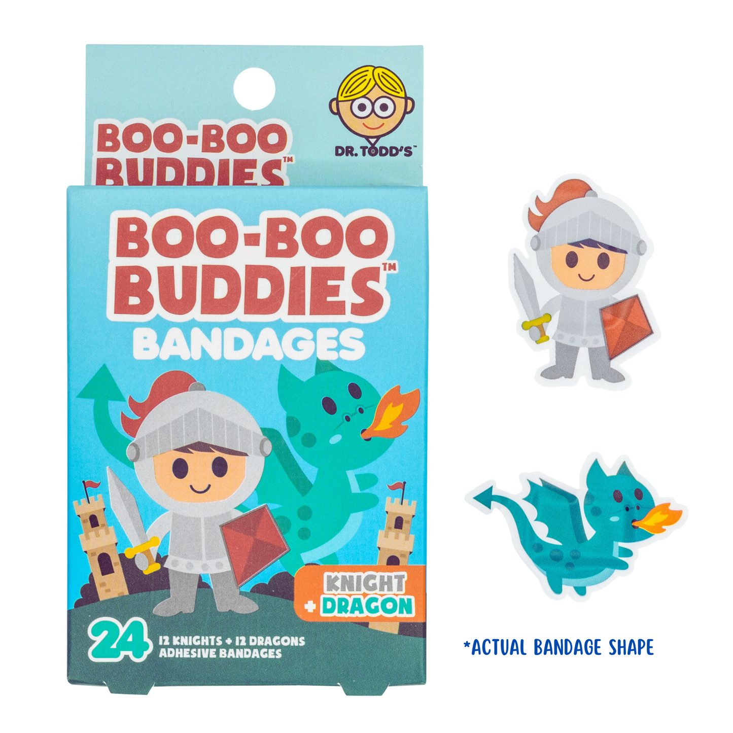 Knight and Dragon bandages by Dr. Todd’s Boo-Boo Buddies® – 24 count of fun-shaped latex-free bandages for kids

