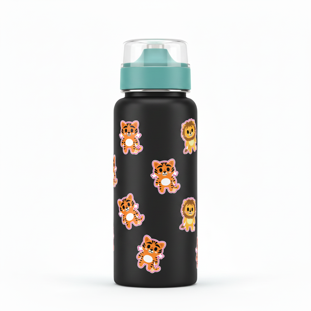 Tiger & Lion Stickers on Black Water Bottle
